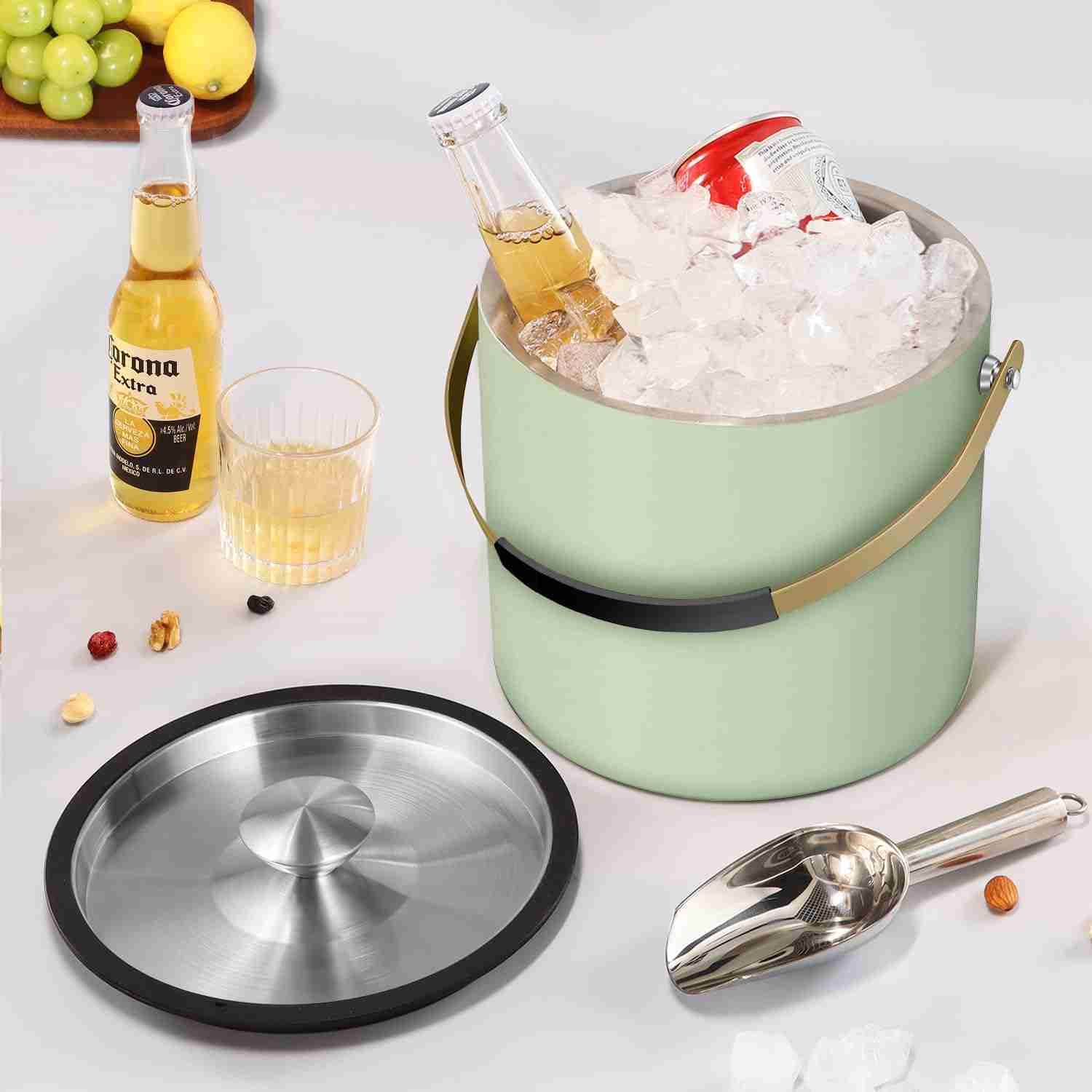 3.2L/3.4QT Stainless Steel Ice Bucket with Lid and Scoop, Double Wall Insulated Ice Bucket for Cocktail Bar and Parties (Mint Green)