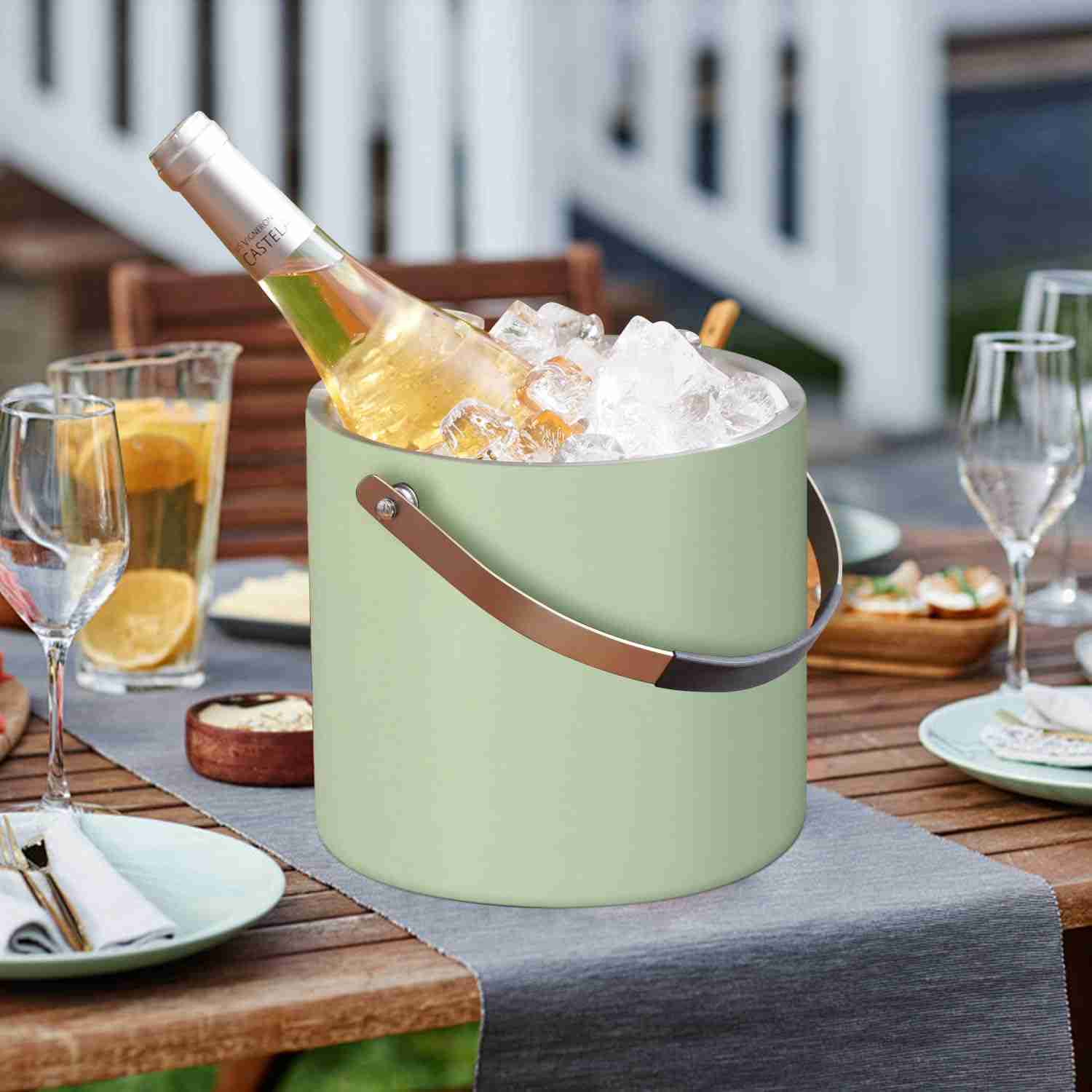3.2L/3.4QT Stainless Steel Ice Bucket with Lid and Scoop, Double Wall Insulated Ice Bucket for Cocktail Bar and Parties (Mint Green)