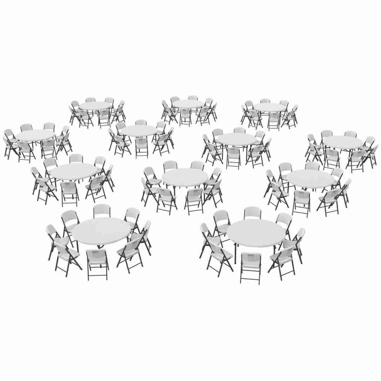 Package – (12) 60″ Round Commercial Grade Folding Tables and (96) Folding Chairs, White Granite | Rental
