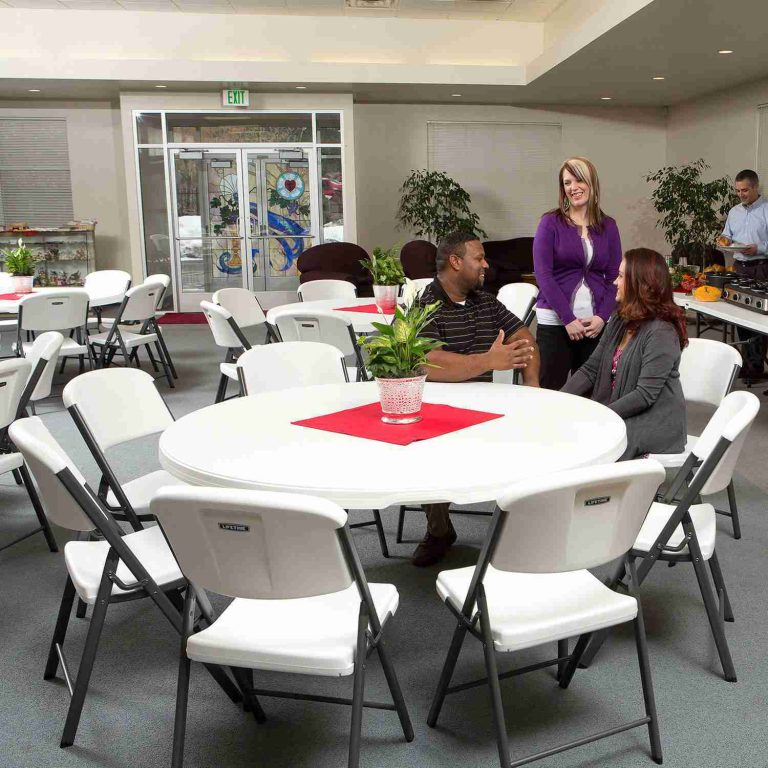 Package – (4) 60″ Tables, (2) 8′ Tables and (48) Folding Chairs, White Granite | Rental