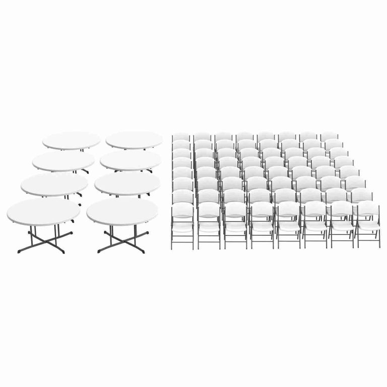 Package – (8) 5’ / 60” Round Fold-In-Half Tables and (64) Chairs Set | Rental