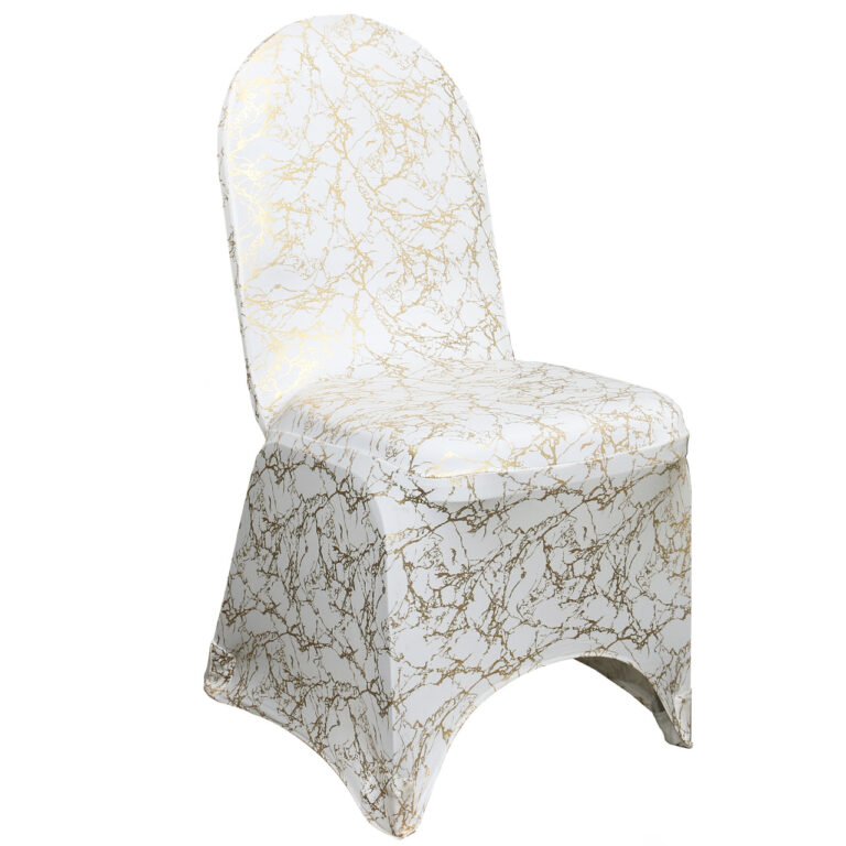 Stretch Spandex Banquet Chair Cover White With Gold Marbling | Rental
