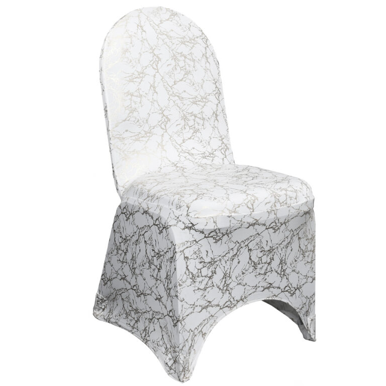 Stretch Spandex Banquet Chair Cover White With Silver Marbling | Rental