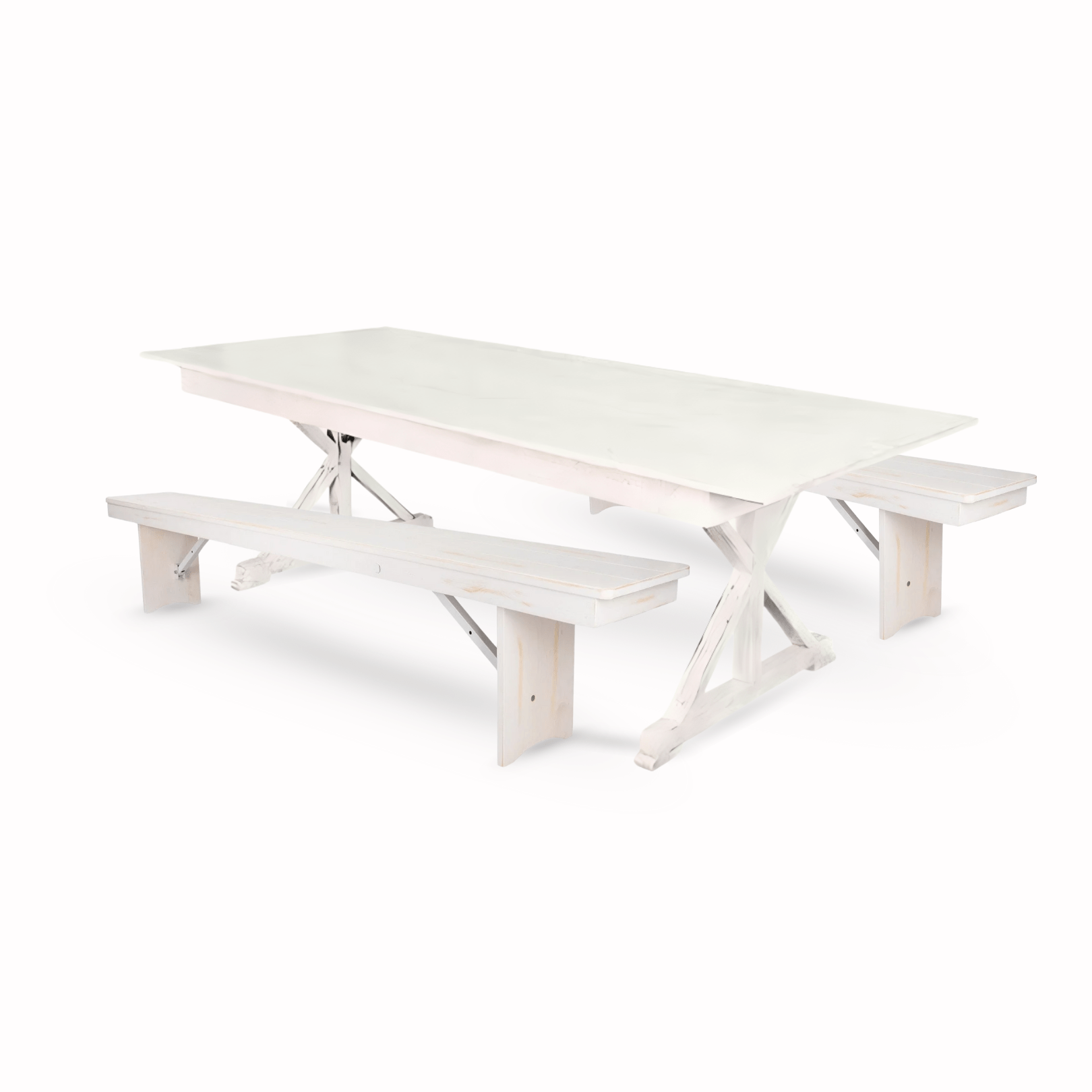 white distressed x leg farm table dining set with 2 benches 2